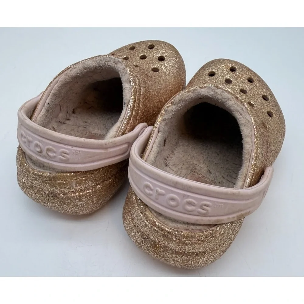 Crocs Classic Lined Clogs Gold Glitter Pink Cozy Fuzzy Toddler | Girl's Size 6